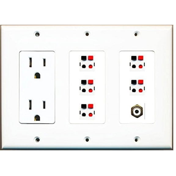RiteAV - (3 Gang 15A Power Outlet RCA White 5 Speaker Jack Wall Plate White