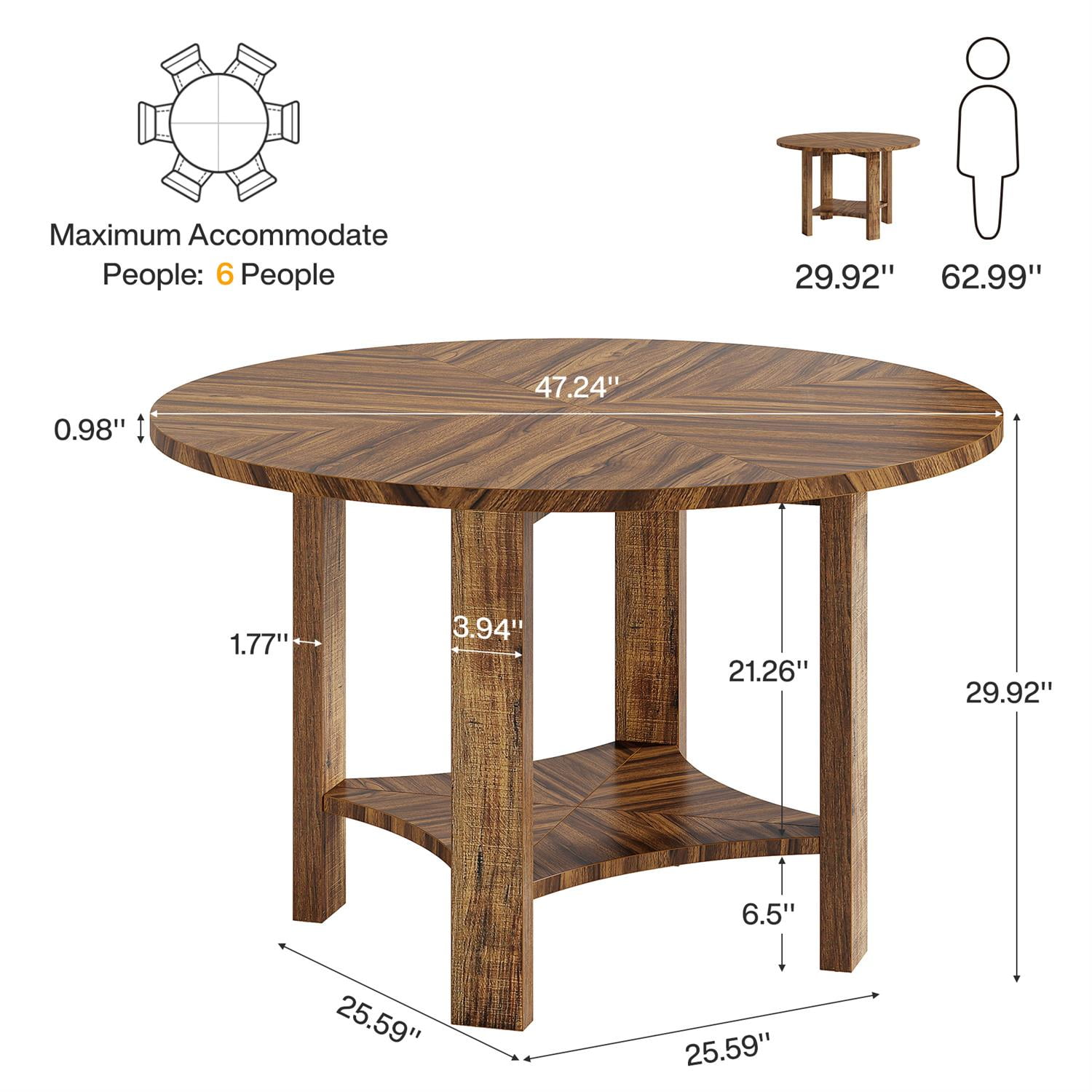 Demi Bonn 47" Round Wood Dining Table with Storage, Modern Kitchen Table for Home, Family Dining, Sturdy Construction, Brown