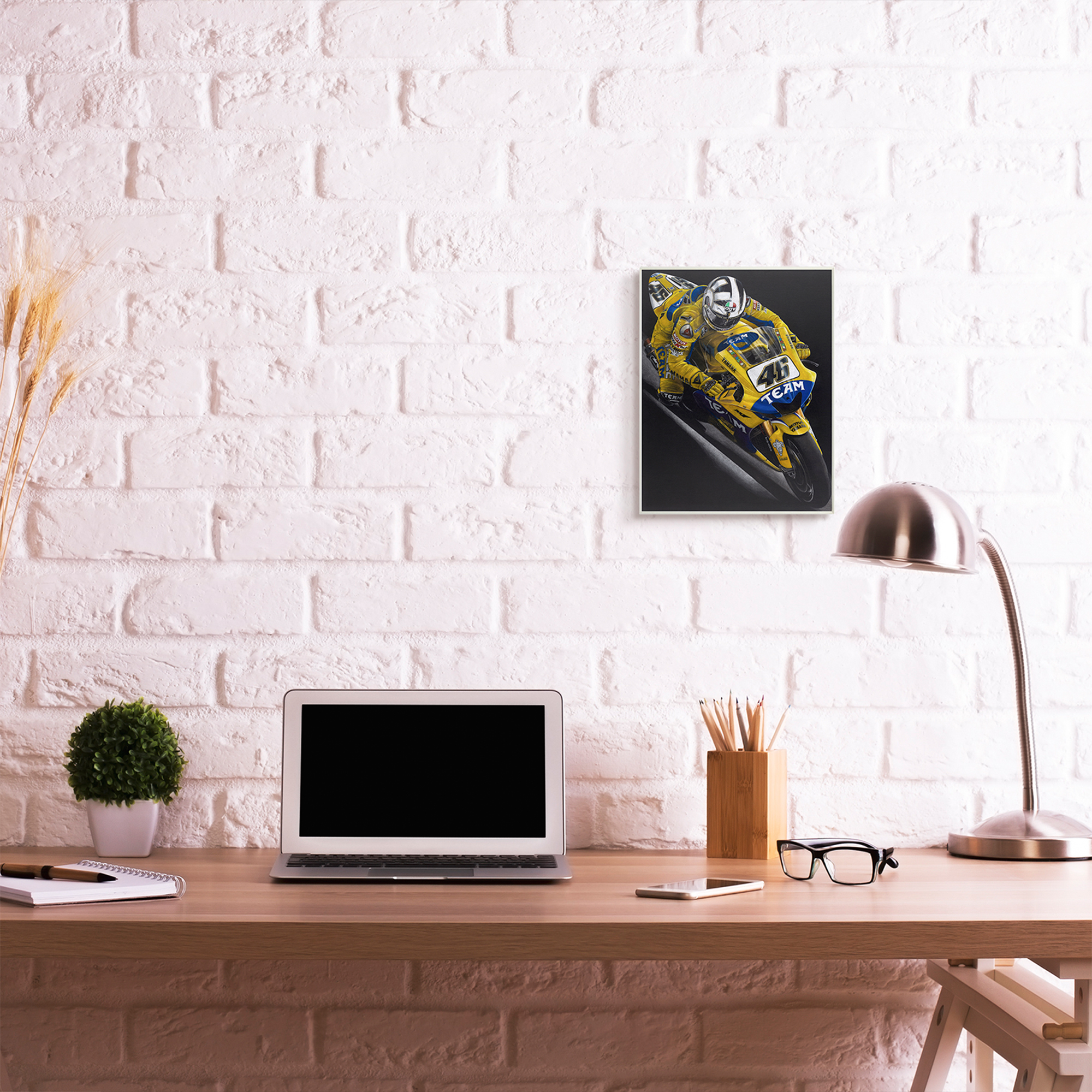 Stupell Industries Motorcycle Racer Yellow Blue Uniform Street Sport Wall Plaque by Todd Strothers