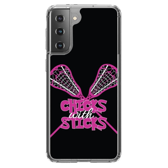 DistinctInk Clear Shockproof Hybrid Case for Galaxy S21 5G (6.2" Screen) - TPU Bumper, Acrylic Back, Tempered Glass Screen Protector - Hot Pink Lacrosse - Chicks with Sticks