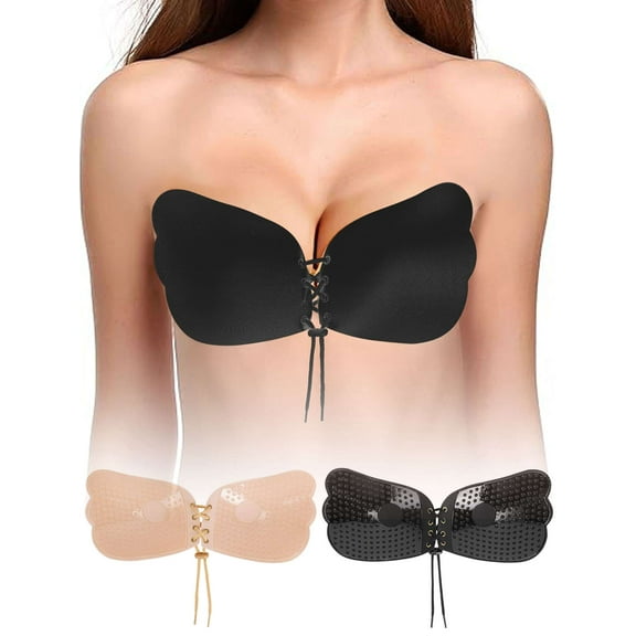 BadPiggies 2-Pack Womens Invisible Sticky Bras Self Adhesive Strapless Bras Backless with Drawstring (B Cup, Black)