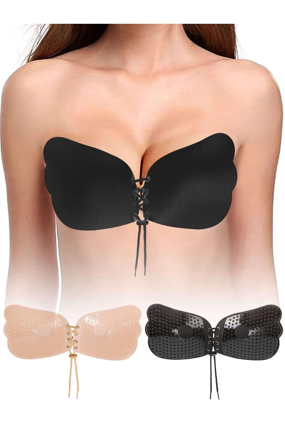 BadPiggies 2-Pack Womens Invisible Sticky Bras Self Adhesive Strapless Bras Backless with Drawstring (C Cup, Black+Beige)