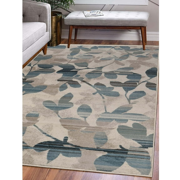 BNM Floral Vintage Leaves Indoor Area Rug, 5' x 8', Cream/ Blue