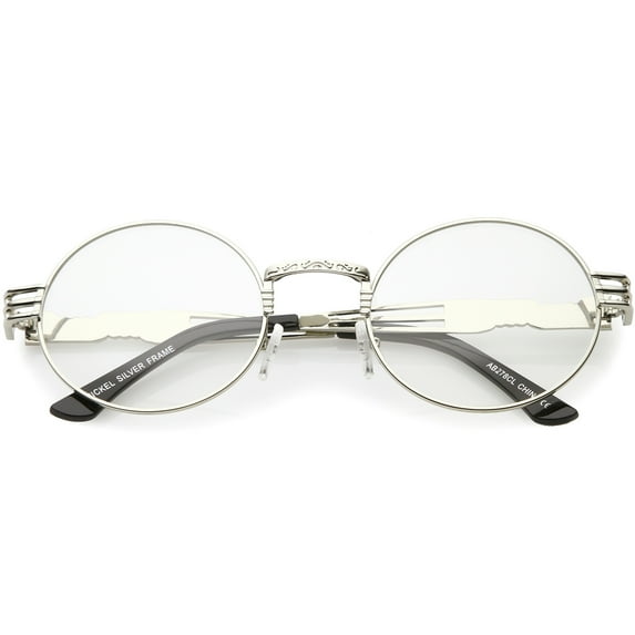 Steampunk Inspired Oval Eye Glasses Unique Engraved Metal Detail Clear Lens 60mm (Silver / Clear )