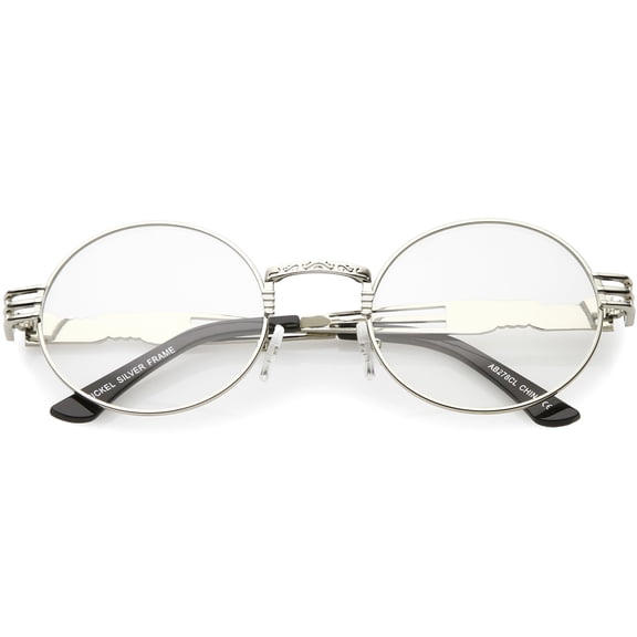 Steampunk Inspired Oval Eye Glasses Unique Engraved Metal Detail Clear Lens 60mm (Silver / Clear )