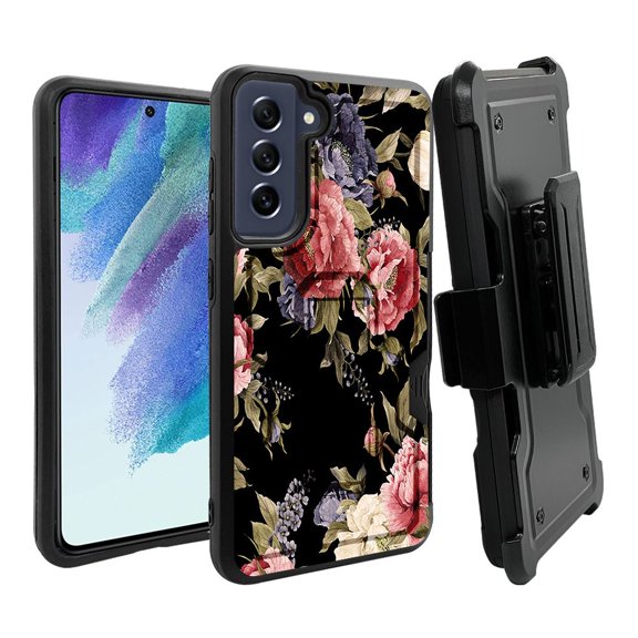 ANJ  Rugged Dual Layer Shockproof Holster Case w/Card Slot   Tempered Glass Cover for Samsung Galaxy S21 FE 5G - Alluring Flowers