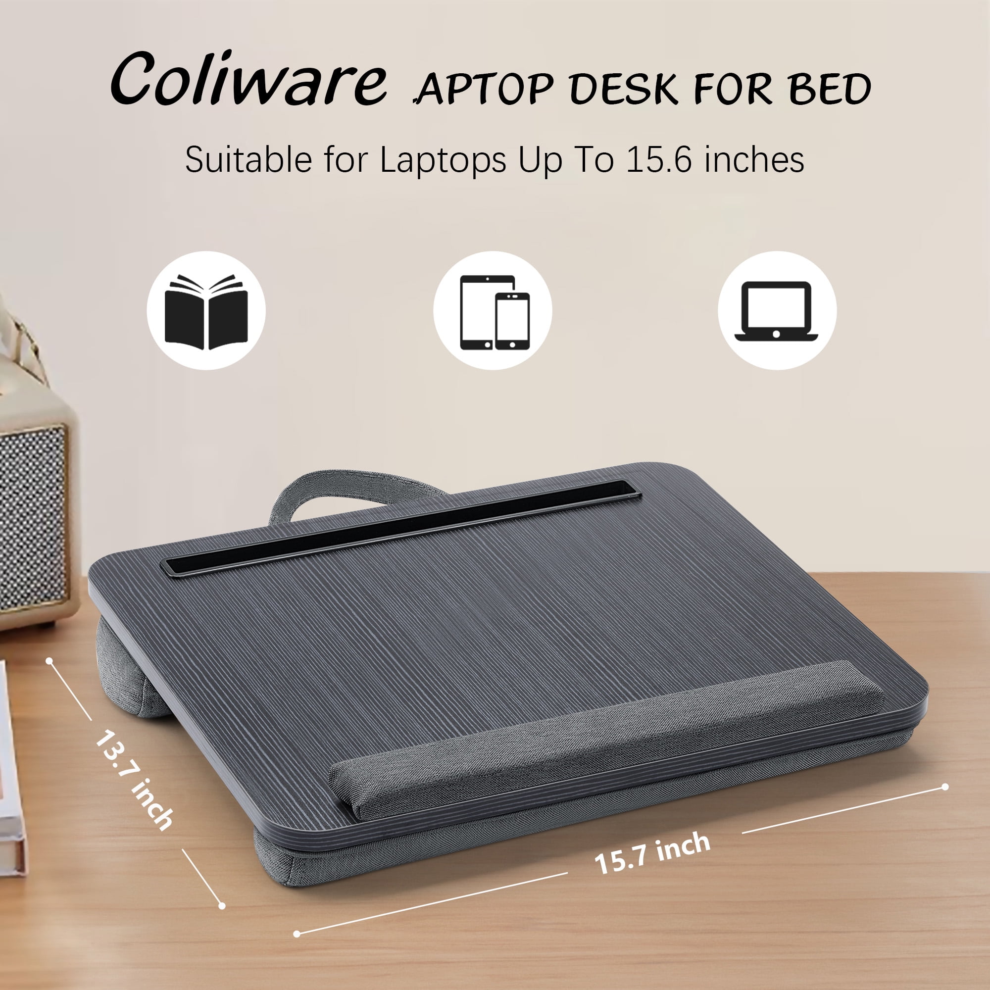 Coliware Portable Lap Desk, 15.7 Laptop Desk with Dual Cushion Wrist Pad Pad Phone Tablet Holder, Computer Pillow Desk Stand for Home Office, Wood Bed Tray Table - Black