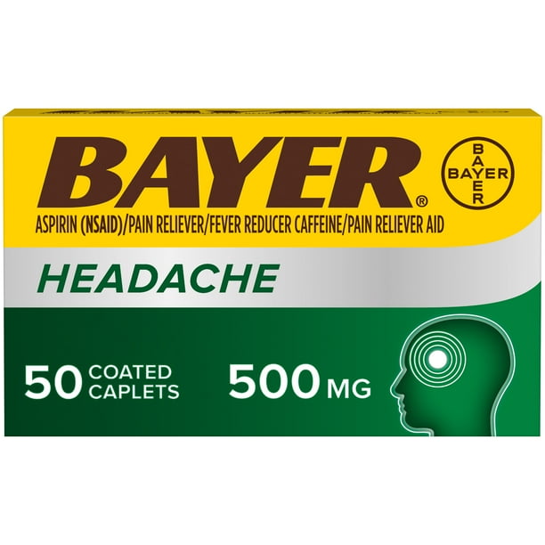 Bayer Headache Aspirin, 500mg Coated Tablets with Caffeine, 50 Count