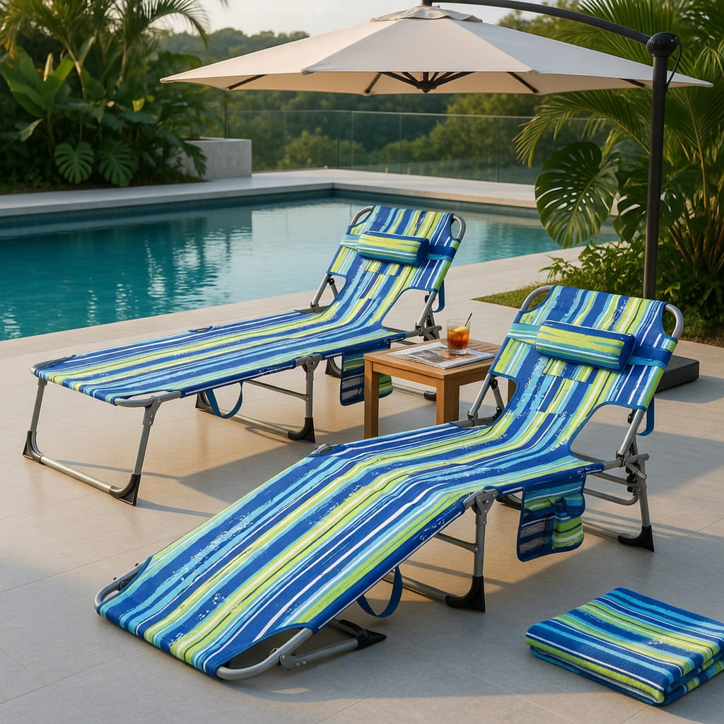 Hommoo Premium Foldable Beach Lounge Chair with Removable Pillow, Adjustable Reclining Outdoor Lounger for Beach, Pool & Patio, Blue