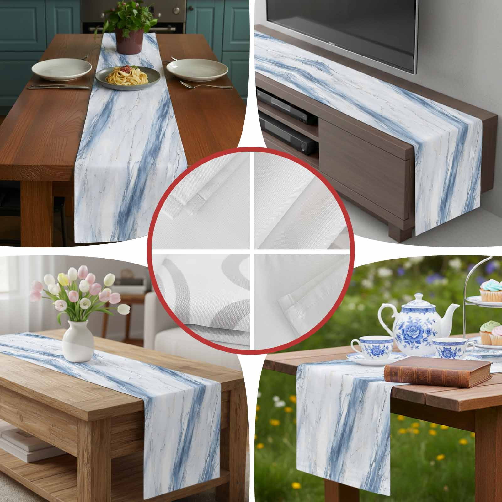 Abstract Marble Texture Table Runner 90 Inches Long, Modern Blue White Stone Art Table Runners Tabletop Scarf Kitchen Dining Tables Decoration for Home Party Indoor Outdoor