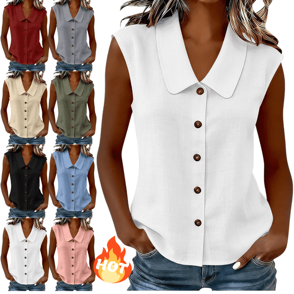 Mifsaly Women Sleeveless Button Down Shirts Casual V Neck Tank Tops Summer Lightweight Business Casual Blouses Collared Office Work Linen Top L