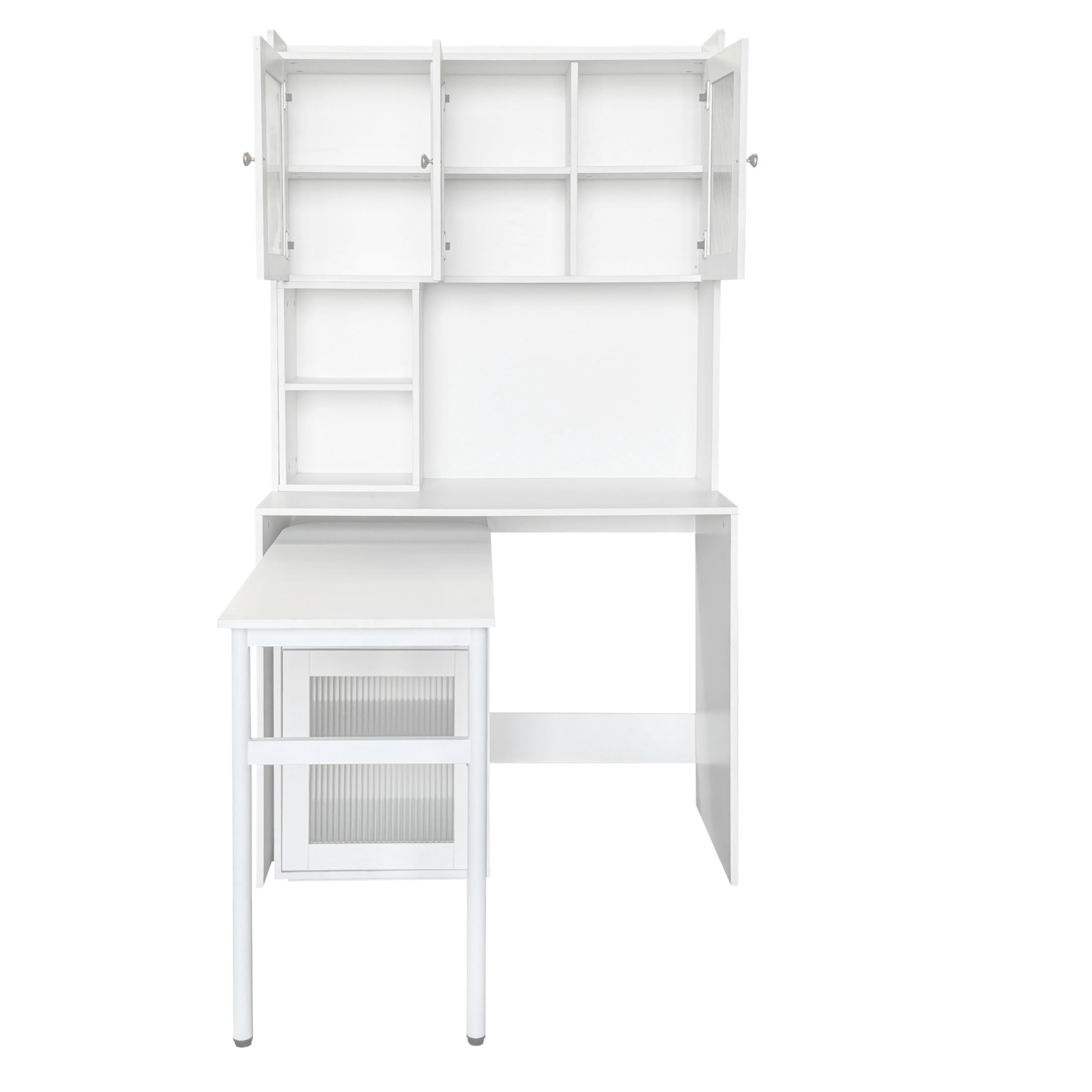 Noble House 70.87" Computer Desk with Hutch, Glass-Door Cabinets, 90° Rotating Desktop, Bookshelf & Drawer, White