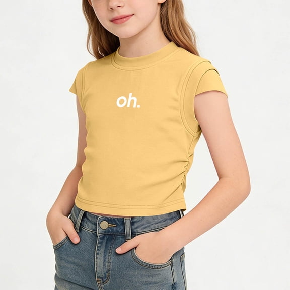 BFHHYA Girls Cotton Print Shirts Short Sleeve Crewneck Ruched Cropped Tops Tween Fashion Casual Summer T-Shirts Size 1-12 Years