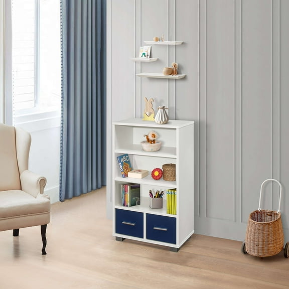 Kings Brand Furniture Wood Bookcase Storage Organizer with 3 Shelves 2 Drawers, White/Blue