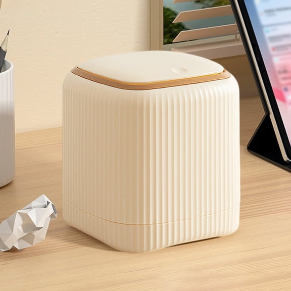 Mini Trash Can,Tiny PP Press Top Desktop Garbage Can Countertop Waste Basket with Lid for Bathroom Office Kitchen Desk Coffee Table (Beige)