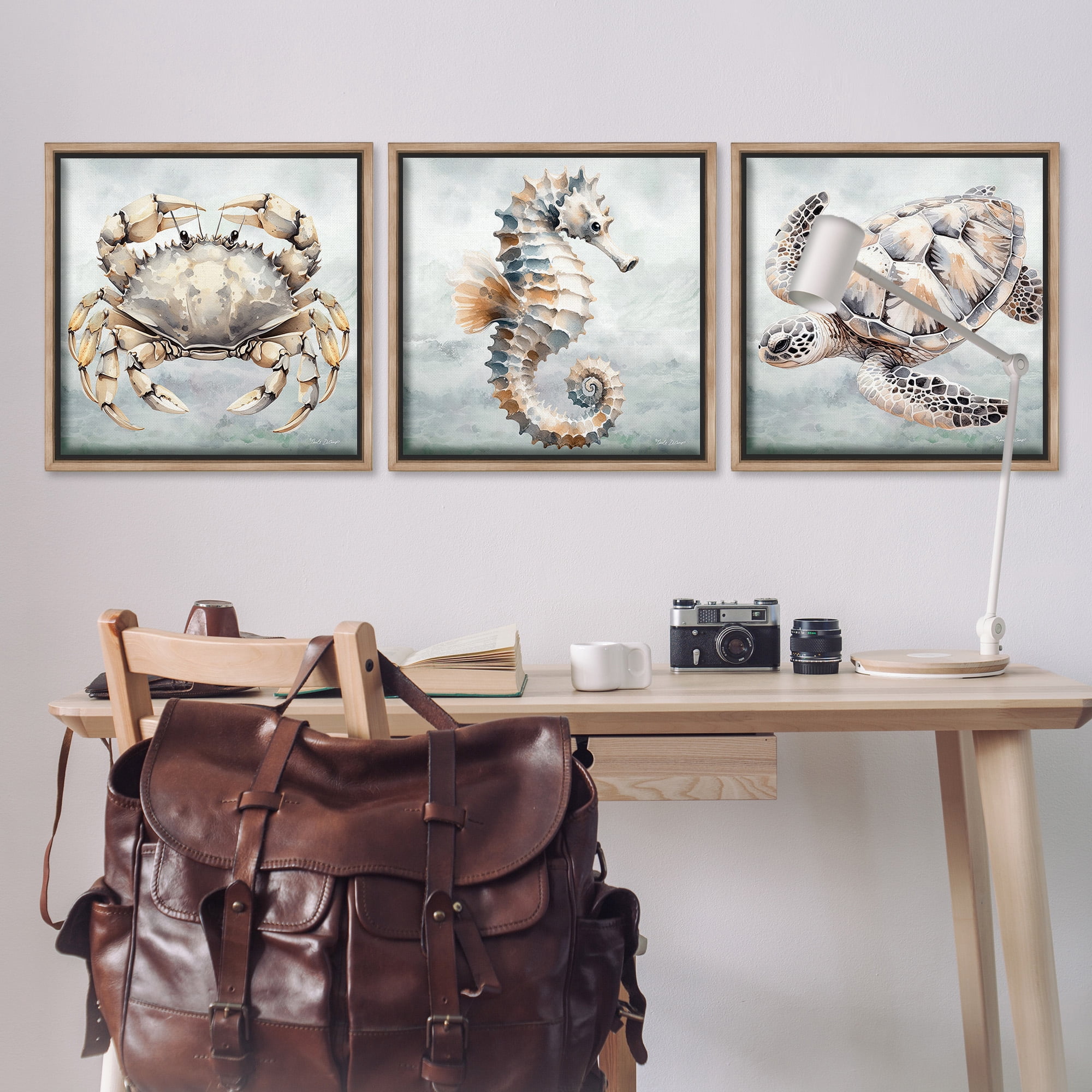 Stupell Industries Traditional Marine Life Animals & Insects Painting Brown Floater Framed Canvas Art Print Wall Art, 25 x 25, Set of 3