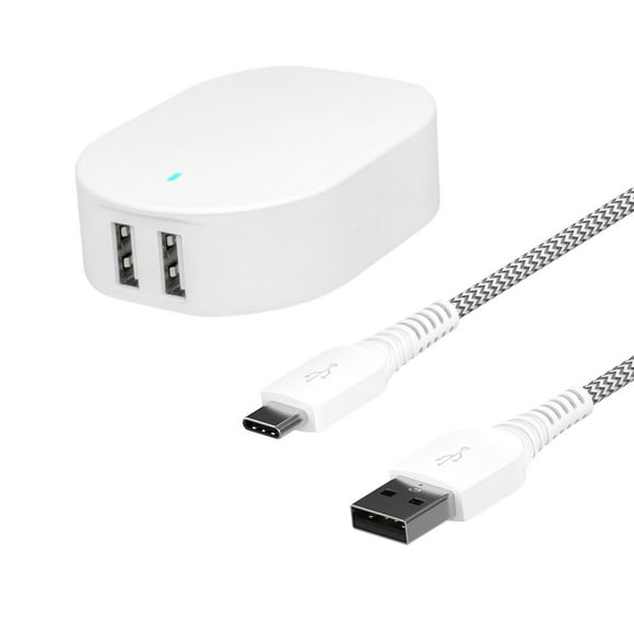 onn. Dual 2.4 Amp Ports Wall Charging Kit with 3 FT. USB to USB-C Cable