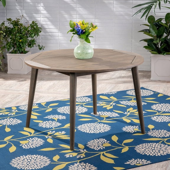 47.25 Inch Round Acacia Wood Dining Table,Grey Weather Resistant Slatted Top,30 Inch Height Outdoor Patio Table for Backyard Garden Small Space,Balcony,Sturdy Wooden Patio Table.