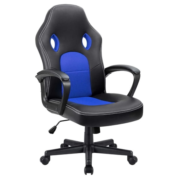 TYUIOP Blue Leather Office Chair with Adjustable Swivel Base, Padded Armrests and Lumbar Support