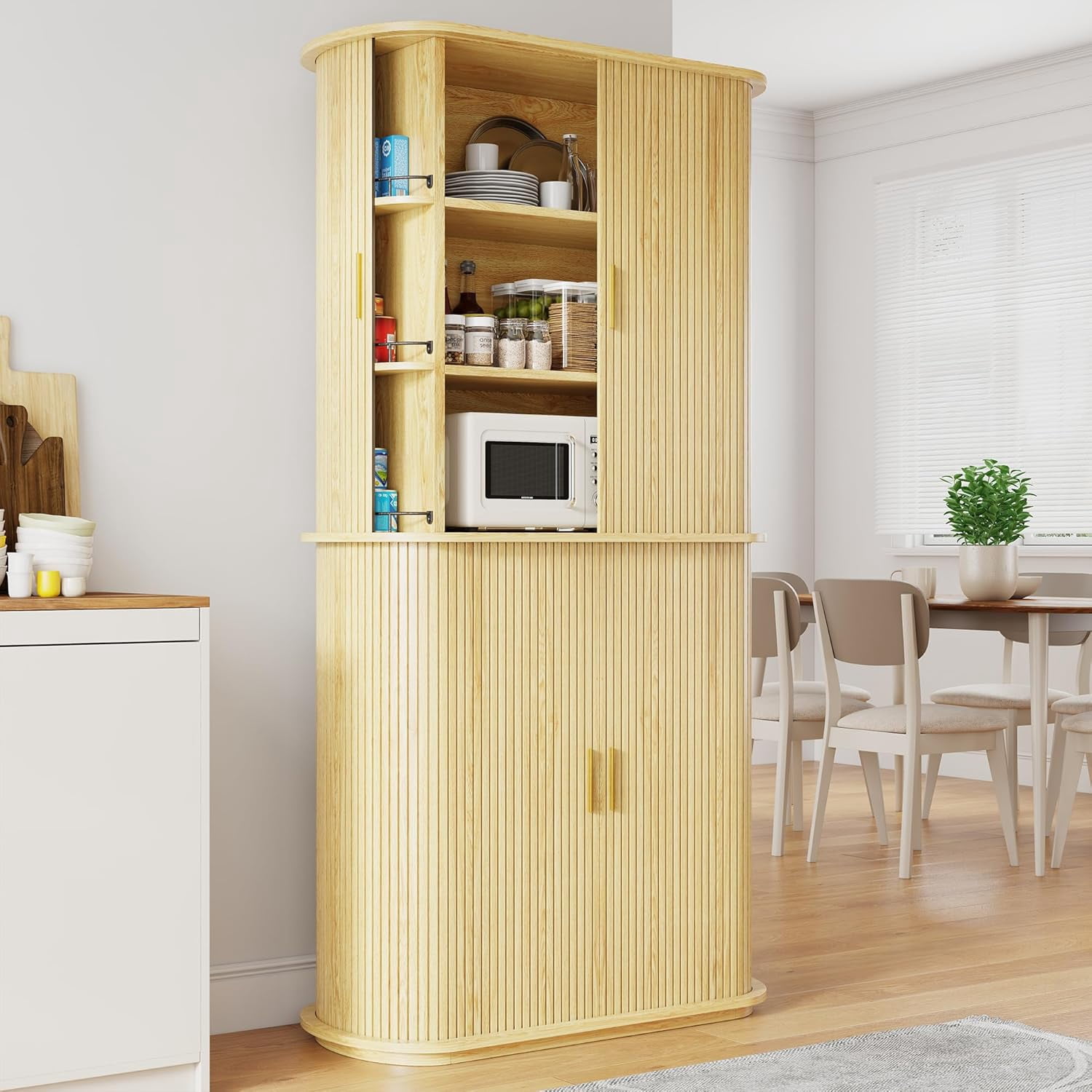 iPormis 64" Kitchen Pantry with Sliding Doors, Tall Farmhouse Curved Pantry Storage Cabinets with Drawer & Pull Out Shelves, Freestanding Wood Cupboard for Kitchen Dining Room Living Room, Natural