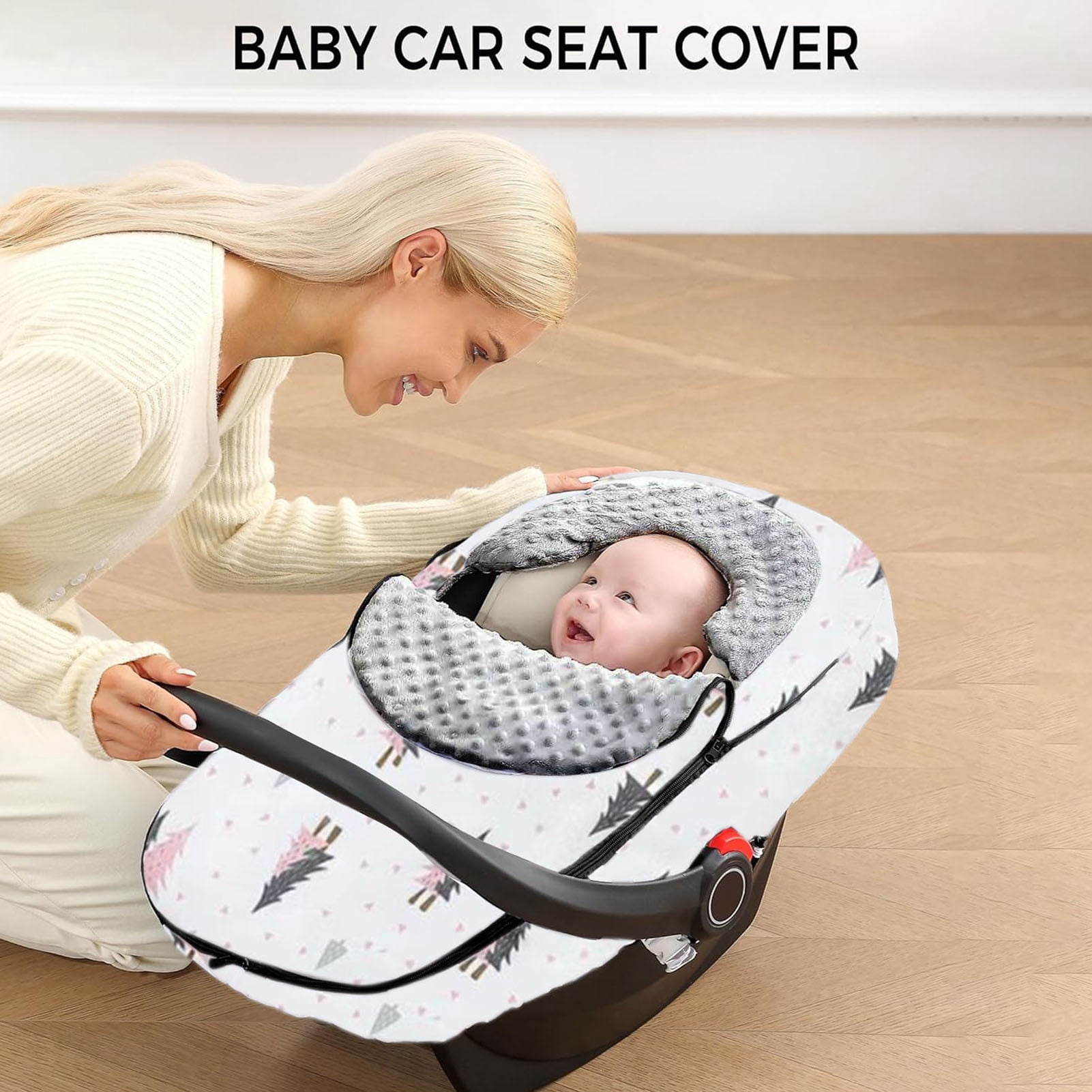 BIMZUC Winter Baby Car Seat Cover, Warm Windproof Waterproof Stroller Canopy, 360 Degree Protection, Tree Printed (13.78 in / 35 cm)