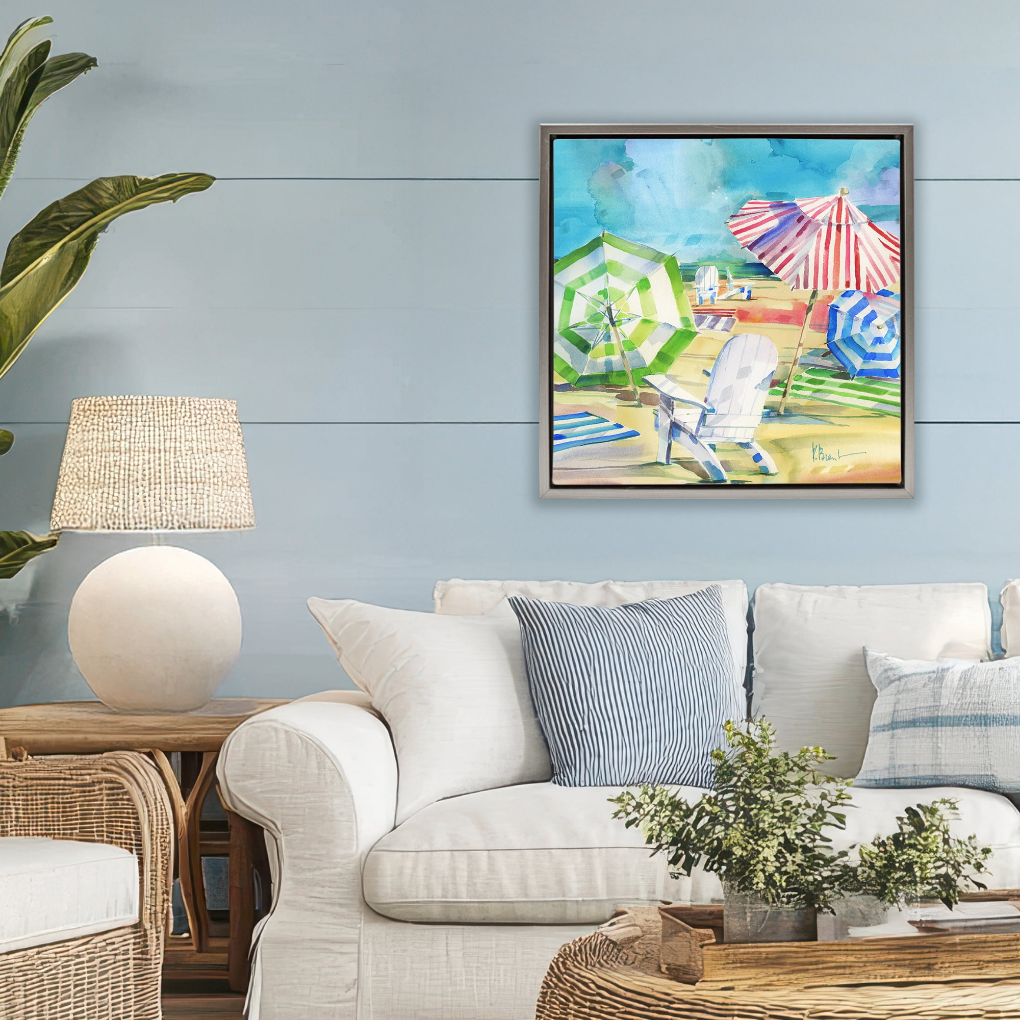 Stupell Industries Ventura Beach Umbrellas Gray Framed Floater Canvas Wall Art, design by Paul Brent