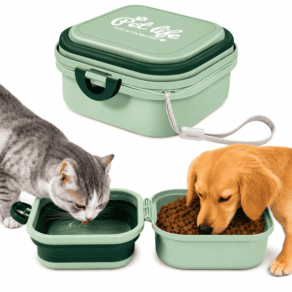 Collapsible Dog Bowls, 2-in-1 Pet Portable Travel Double Bowl Water Food Feeder Traveling Camping & Walking