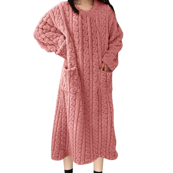QUNYINEY Moo Moos for Women Nightgown Flannel Long Sleeve Pink Sleepdress Warm with Pocket Loose Fit Crew Neck Women Sleepwear