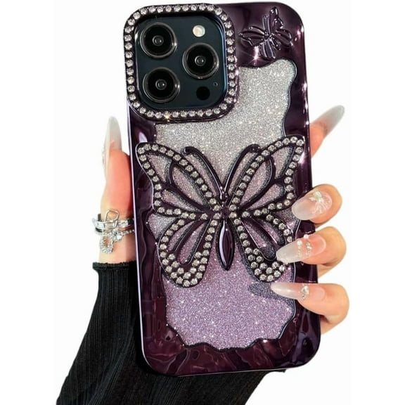 for iPhone 16 Pro Bling Glitter Butterfly Case,Cute Sparkle Diamond Slim Plating Crystal Rhinestone Phone Cover for Women Girls Protective Camera Protection Bumper,Purple