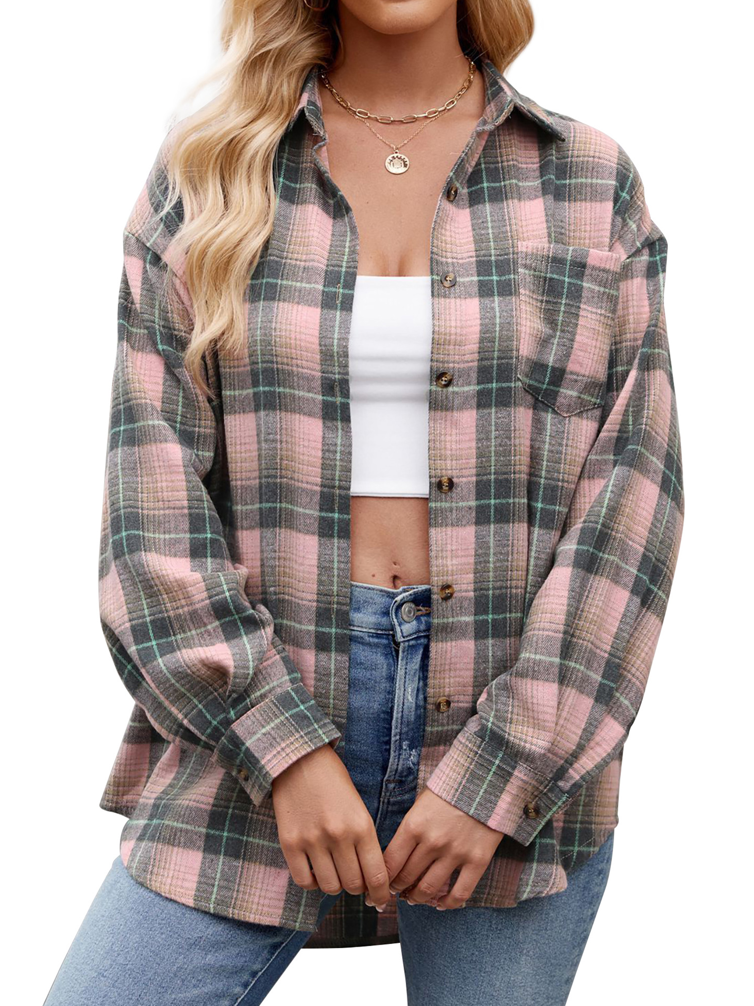 MOSHU Women's Plaid Flannel Shirt, Pink photo 2