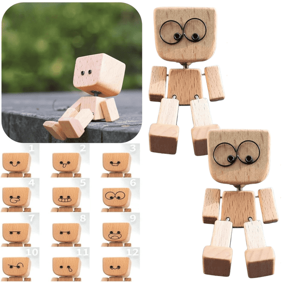 Shaking Wooden Man Figurine, Portable Handmade Shak Wood Figurine for Car Dashboard, Charming Little Wooden Figure That Sways with 12Pcs Magnetic Expressions (Wood Color, 2 Set)