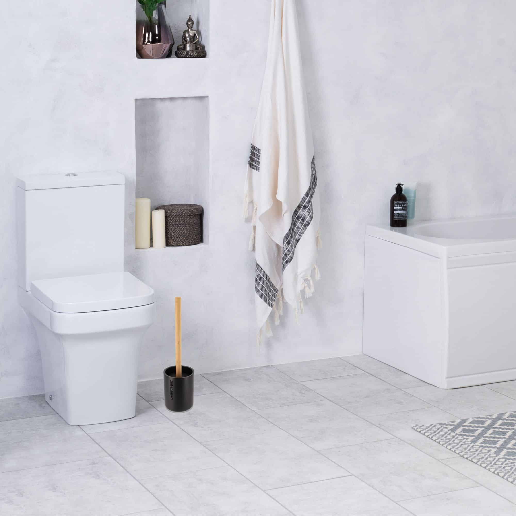 Sleek Matte Black Toilet Brush Holder with Bamboo Handle - Polyresin Bathroom Cleaning Tool Set