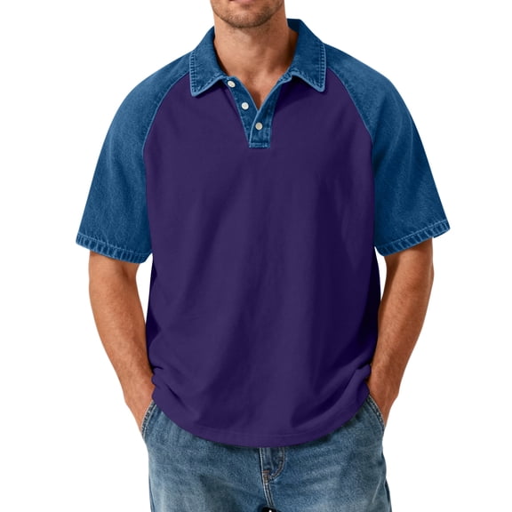 Havenx Raglan Short Sleeve Polo Shirts for Men Denim Collar Patchwork T-Shirt Button Down Short Sleeve Polo Shirts Contrast Colors Workout Lightweight Classic Athletic Sports Clothing,Royal Blue S