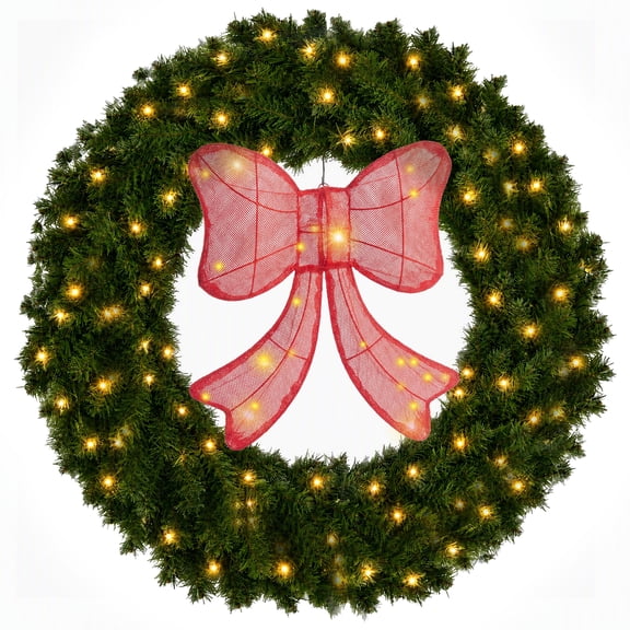 JIOABL 36in Pre-Lit Christmas Wreath with Lighted Bow, 150 LED Warm White Lights, PVC Tips, Plug-in for Door Mantel