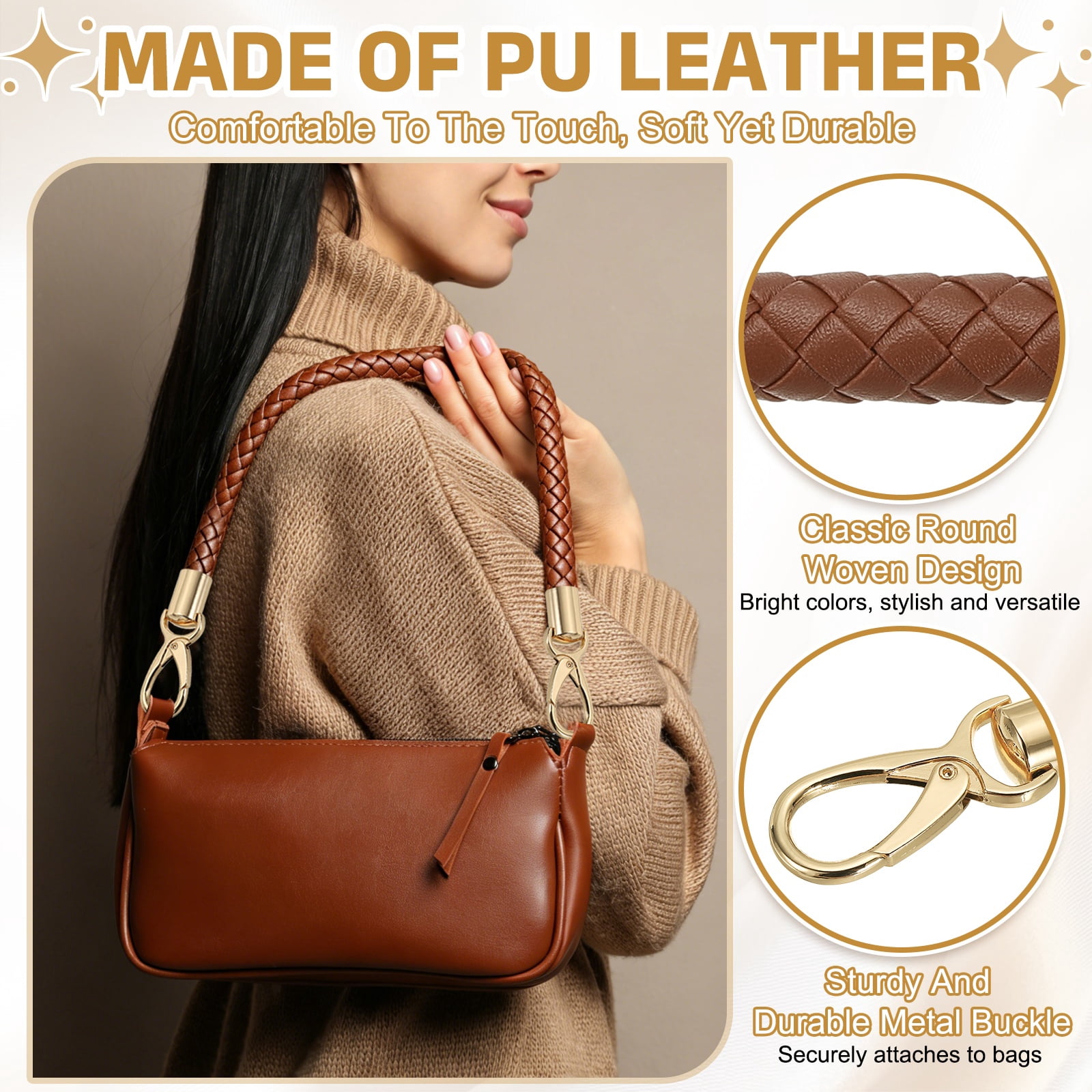 Uxcell 2 Pcs Braided Purse Strap, 65cm 25.6" PU Leather Shoulder Purse Strap for Handbag Bag Handle Replacement for DIY Making Handbag Underarm Bag, Light Brown (Light Gold Buckle)