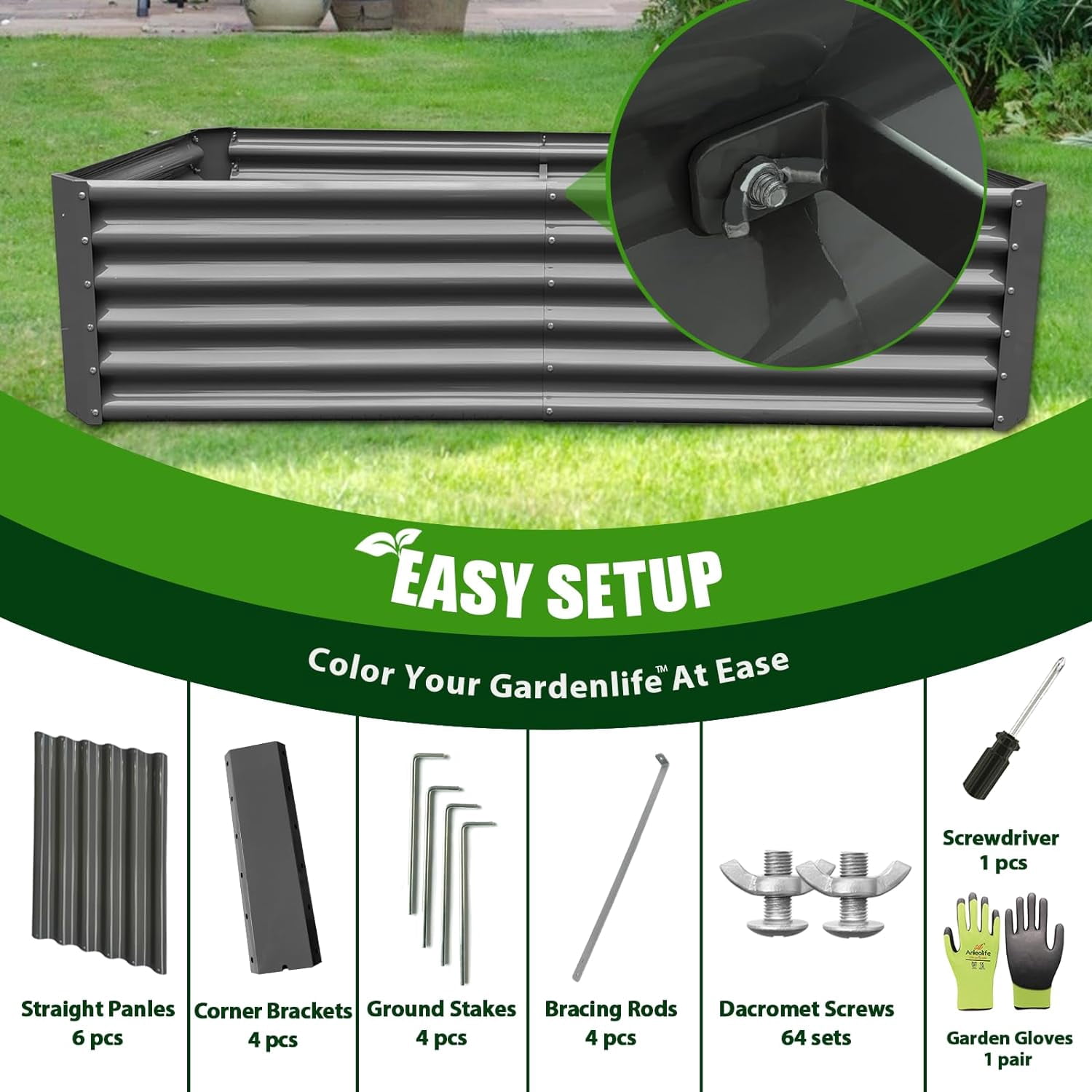 Anleolife 6-Pack 6x3x1.5ft Galvanized Raised Garden Beds Kit, Rectangular Modular Metal Planter Box for Soil Planting Grey