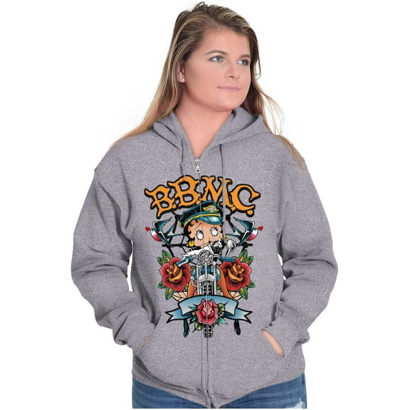 Betty Boop Biker BBMC Roses Tattoo Women Plus Size Zipper Hoodie Brisco Brands 2X