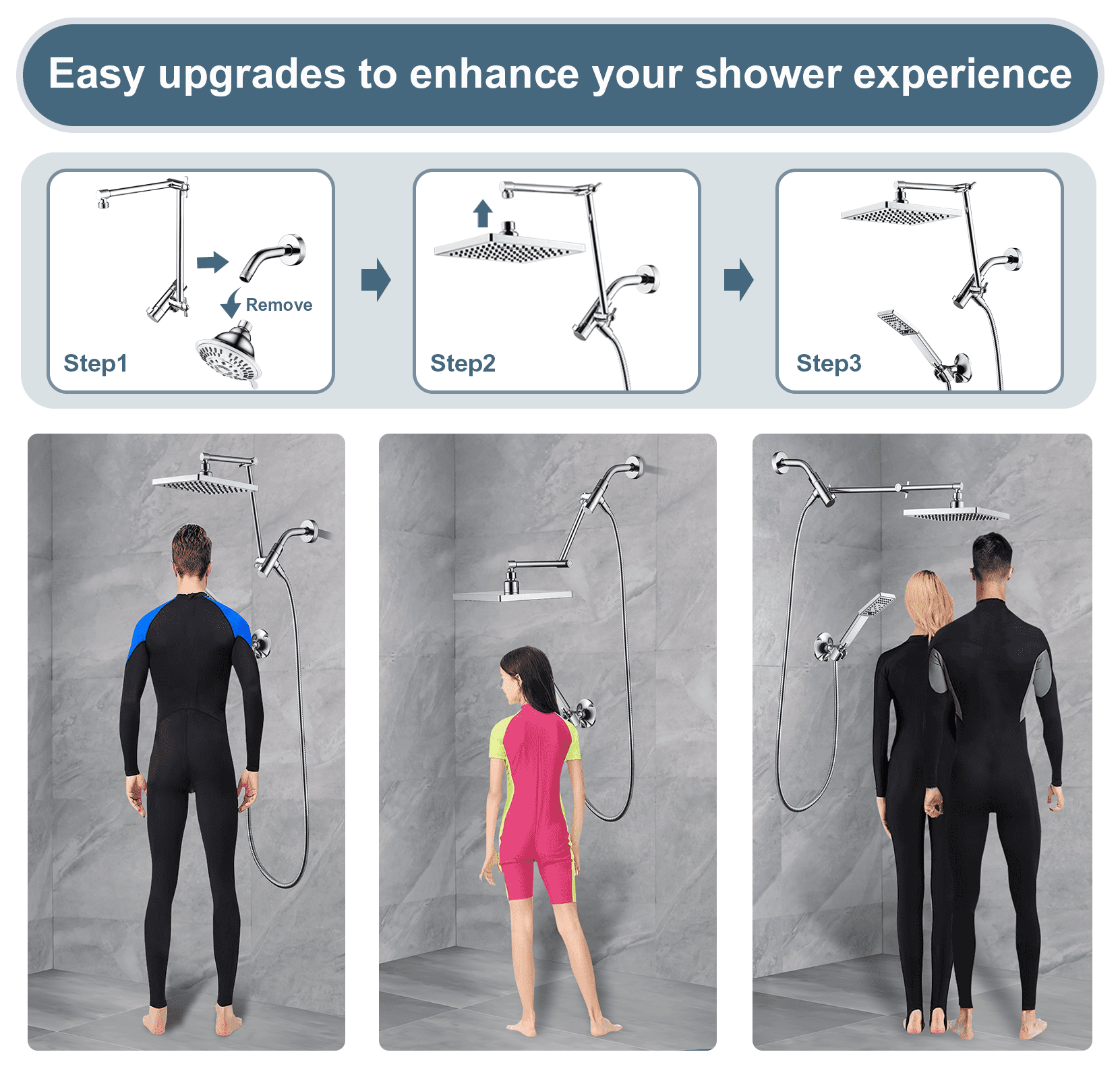 BRIGHT SHOWERS High Pressure Rain Shower Head Combo with Double Extension Arm, 8 Inch Rainfall Shower Head with Handheld Spray, Height Adjustable Dual Square Showerhead Set, Chrome