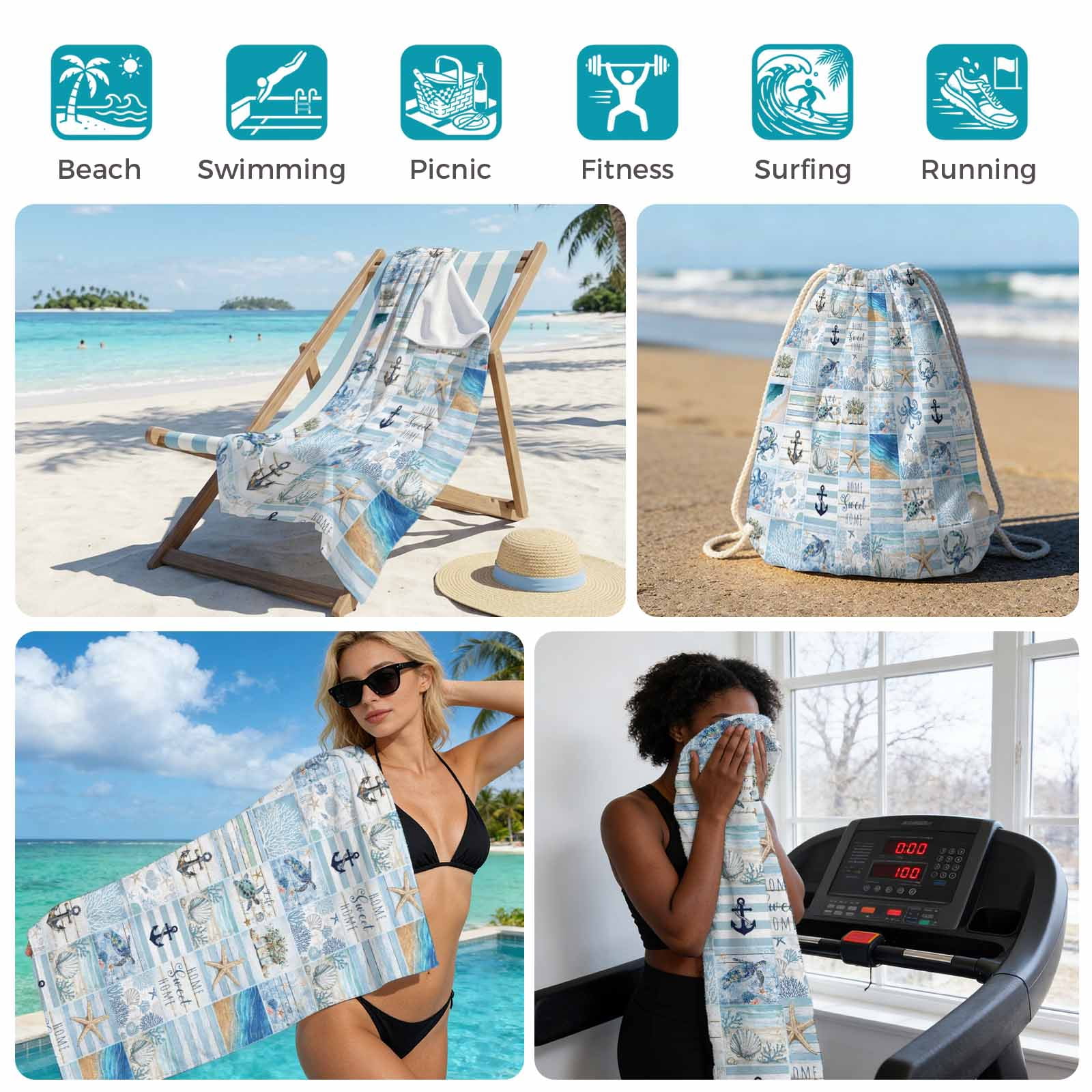 Beach Towel Bag 2 in 1 Anchor Marine Life Bath Pool Towels Backpack Ocean Beach Blue Plaid Absorbent Beach Towel Soft Quick Dry Lightweight Towels Drawstring Bag for Travel Camping Sports Picnic