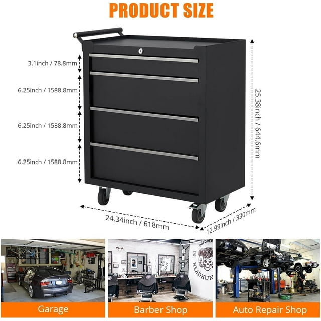GloryStar Heavy-Duty 4-Drawer Tool Chest with Wheels, Lockable Tool Cart with Removable Drawer Liners for Organized, Efficient, and Secure Storage in Garage, Workshop, or Warehouse – Black