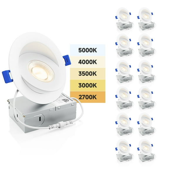 Ensenior 12 PACK 4 inch 5CCT LED Gimbal Led Recessed Light with Junction Box, 360° 90° Adjustable Directional Eyeball Lighting, Dimmable, 2700K/3000K/3500K/4000K/5000K, 950LM, 10W=85W-ETL&FCC
