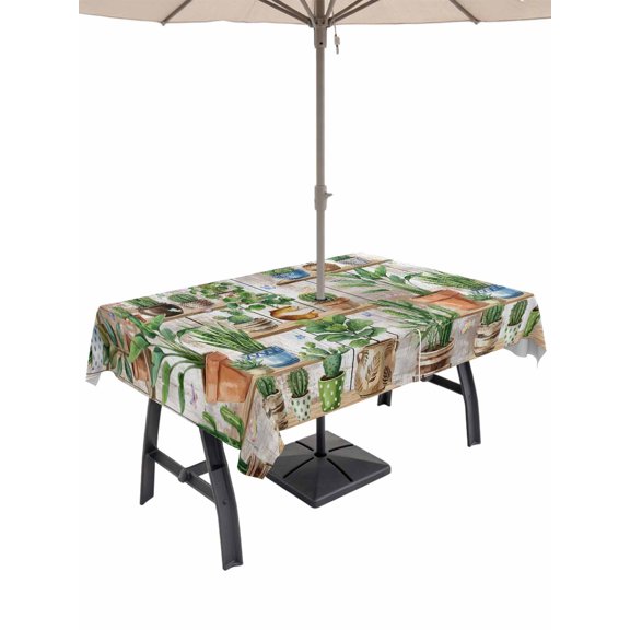 Outdoor Tablecloth with Umbrella Hole for Patio/Picnic/Party/Camping, Green Cactus Waterproof Table Cloth Rectangle Table Cover Washable, Summer Watercolor Botanical Wooden Grain (54"x 80")