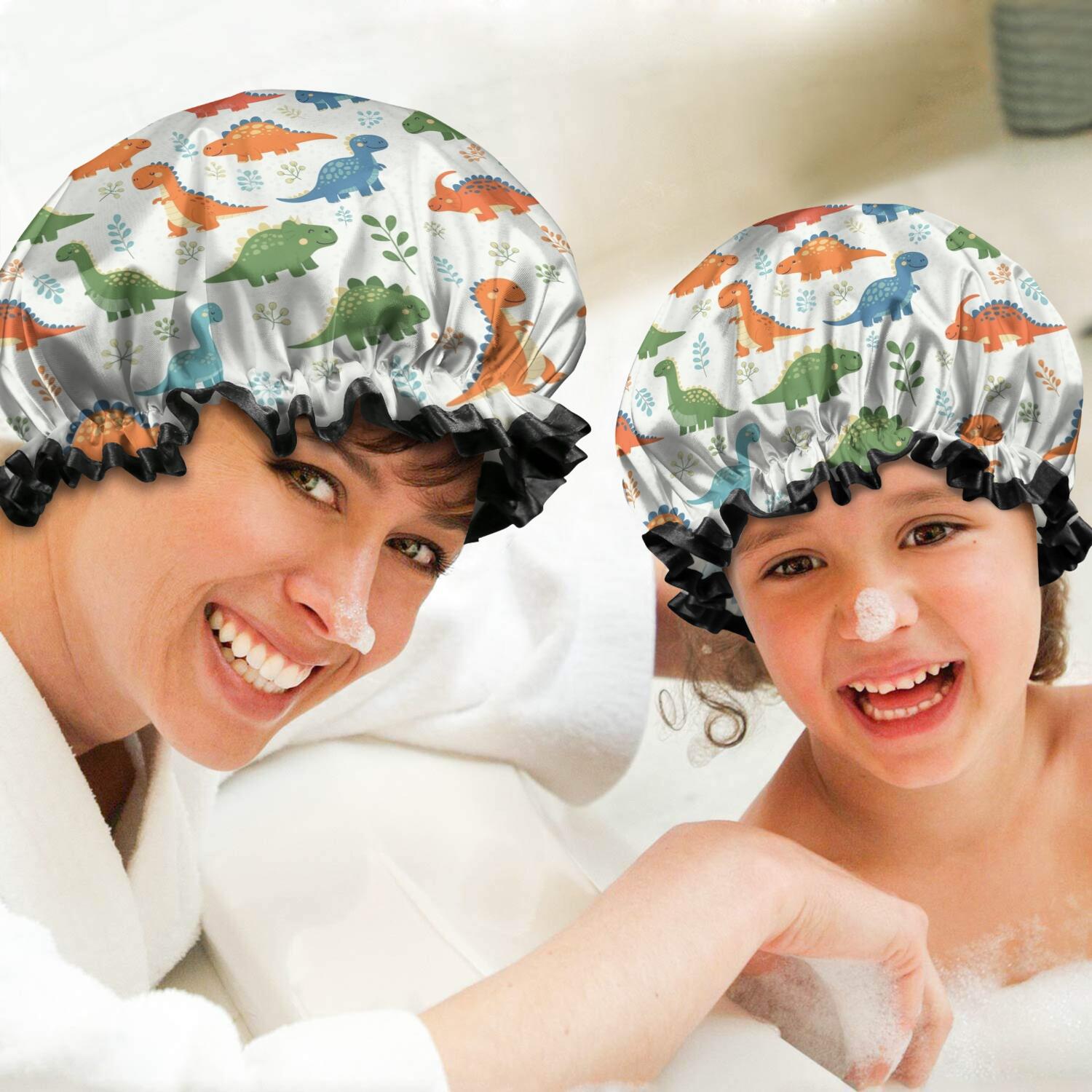 Shower Caps,White Cartoon Cute Dinosaurs Pattern Waterproof Shower Cap for Women 4 Pieces,Double Reusable Hair Cover for Shower PEVA Elastic Stretch Hem