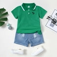 thumbnail image 3 of 5T Baby Boys Clothes 5T Boys 2PCS Summer Outfits Set Toddler Boys Short Sleeve Polo Shirt Top Denim Shorts Set Green, 3 of 7