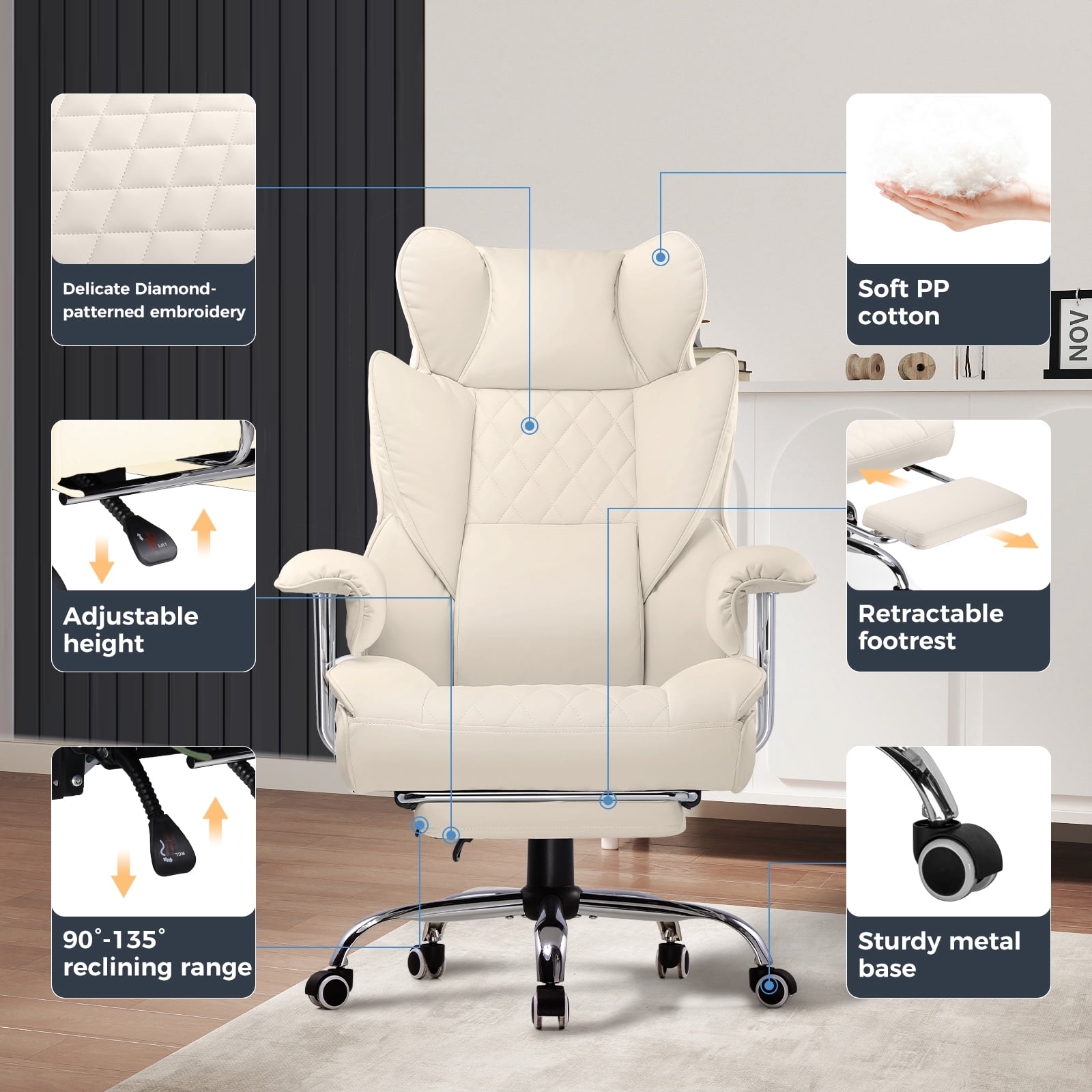 EXRACING Ergonomic Big and Tall PU Leather Gaming Chair with Footrest, Beige