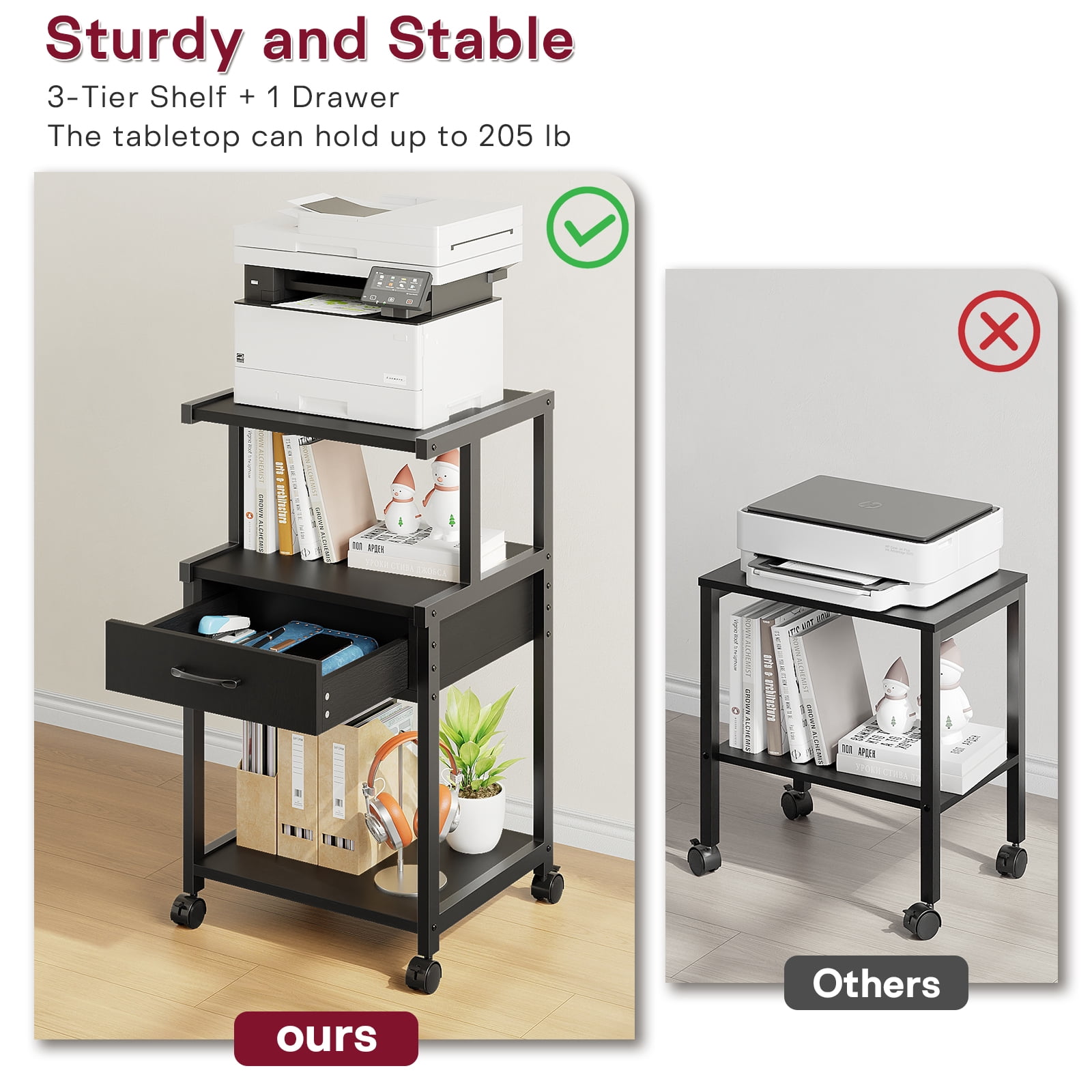 YQ JENMW Printer Stand with Wheels,Drawer and Storage Shelf,3-Tier Rolling Mobile Printer Cart Fits Letter and A4 Size Files for Home Office,Black