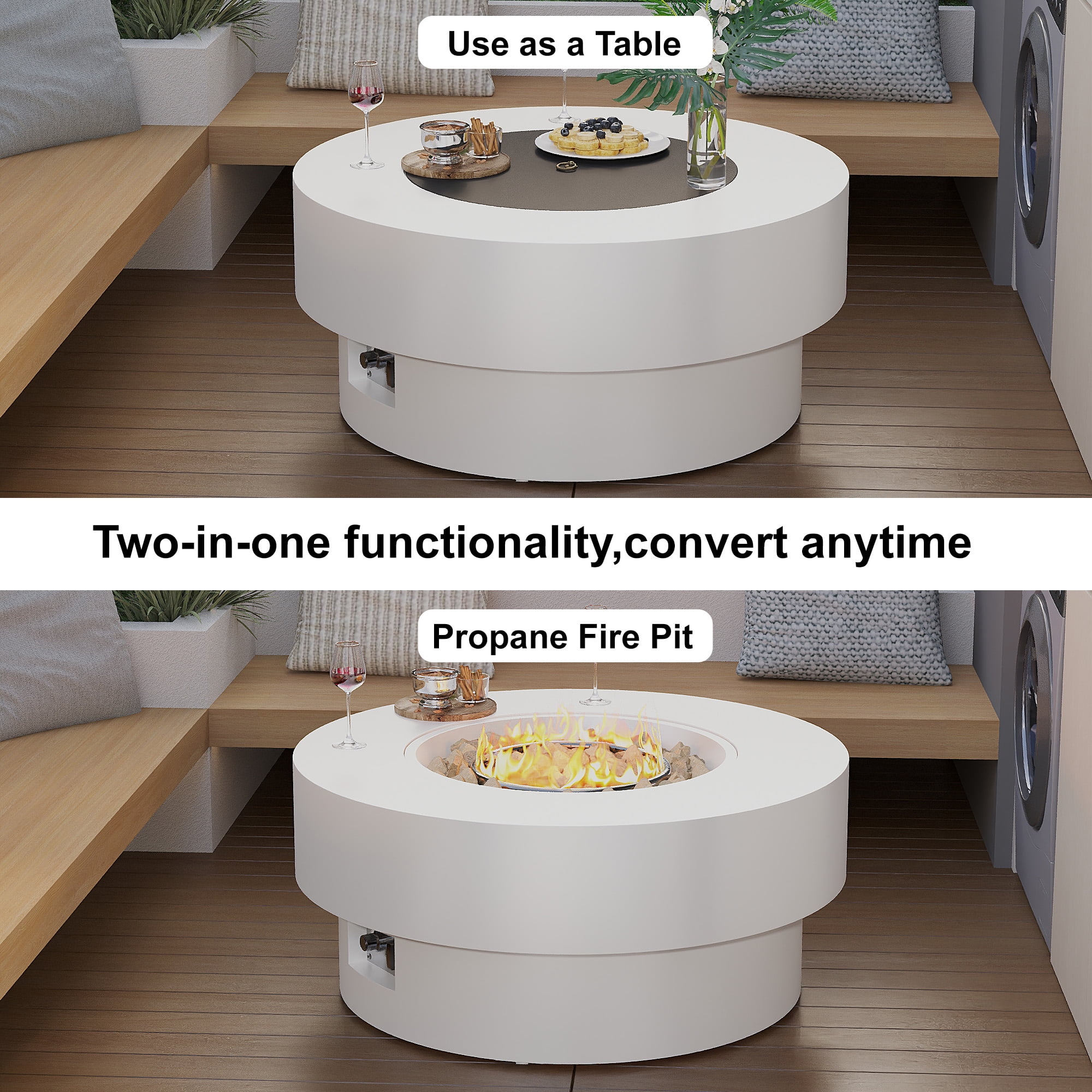 HongTaoK 32.5" Round Propane Fire Pit 50K BTU, Eco-Friendly, Clean Burning with Lava Rock, White