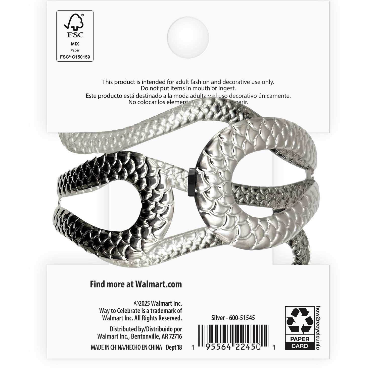 Snake Cuff Costume Accessory for Adults, Silver, Halloween by Way To Celebrate