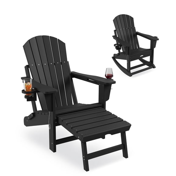 4-in-1 Adirondack Rocking Chair - HDPE All Weather Outdoor Chair with Retractable Ottoman & Cup Holders, Black