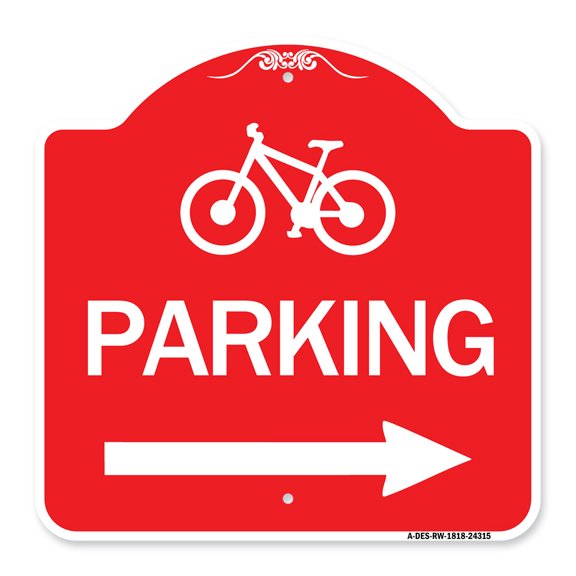 SignMission A-DES-RW-1818-24315 18 x 18 in. Designer Series Sign - Bicycle Symbol Parking with Right Arrow, Red & White